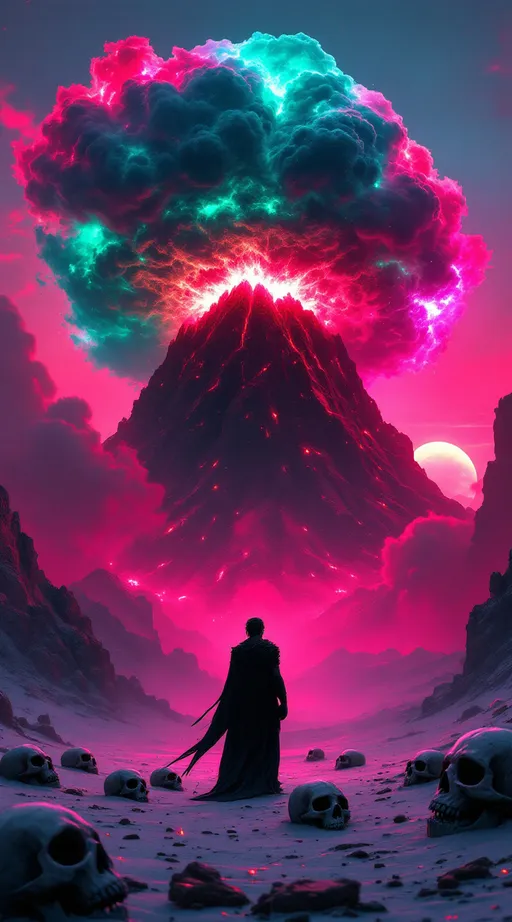 Prompt: (((Dark fantasy art, hyperdetailed, bleeding colors, beautiful))) a dark haired man with gaunt features standing in a black obsidian armor. He is in the desert, a large neon green,red,pink,white cloud with a giant black glowing mountain is in the background with a red haze around it. White sands, dusk, embers, 3d foreground skulls