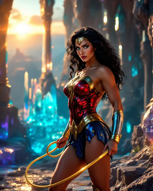 Prompt: Wonder Woman standing in a crystal castle. She is wearing wonder womans outfit.She is curvy, toned,powerful, flexing,serious. She has curly black hair. Holding golden lasso. Photorealism, epic setting, best quality (masterpiece, ultra-detailed, sharp focus)