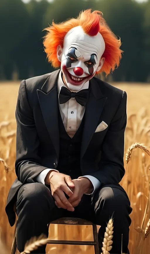 Prompt: A creepy skinny clown, dressed in a torn tuxedo, sitting on a chair in a wheat field. He is laughing and crying. Masterpiece, horror atmosphere.