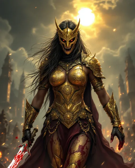 Prompt: A muscular female warrior wearing gold battle armor covered in blood, embedded 
Glowing, embossed with golden suns. She is walking in a radiant city, storm clouds, eclipsed sun. She is valiant,golden spiked demonic mask covering her face, holding a bloody white claymore(((Dark souls style art,epic setting, best quality,masterpiece, ultra-detailed, sharp focus, beautiful,gritty,upper-body)))