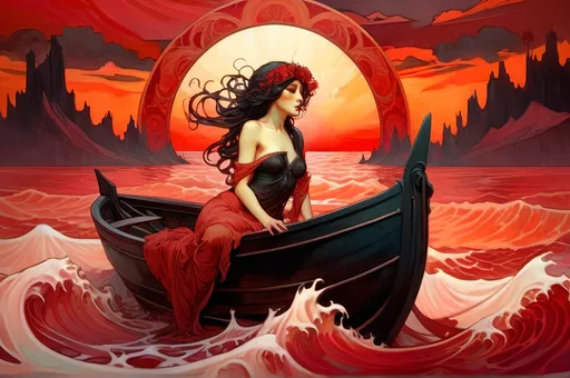 Prompt: A black boat on a red sea of blood during sunset. Masterpiece, horror atmosphere