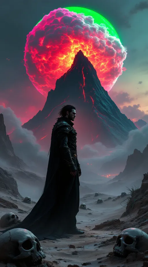 Prompt: (((Dark fantasy art, hyperdetailed, bleeding colors, beautiful))) a dark haired man with gaunt features standing in a black obsidian armor. He is in the desert, a large neon green,red,pink,white cloud with a giant black glowing mountain is in the background with a red haze around it. White sands, dusk, embers, 3d foreground skulls
