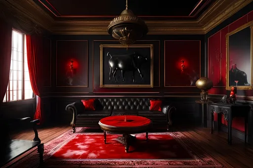 Prompt: A red room with a black bull statue in it. There is a red leather couch and a marble table. There is a horror atmosphere and a sense of foreboding. Masterpiece, fantasy art,