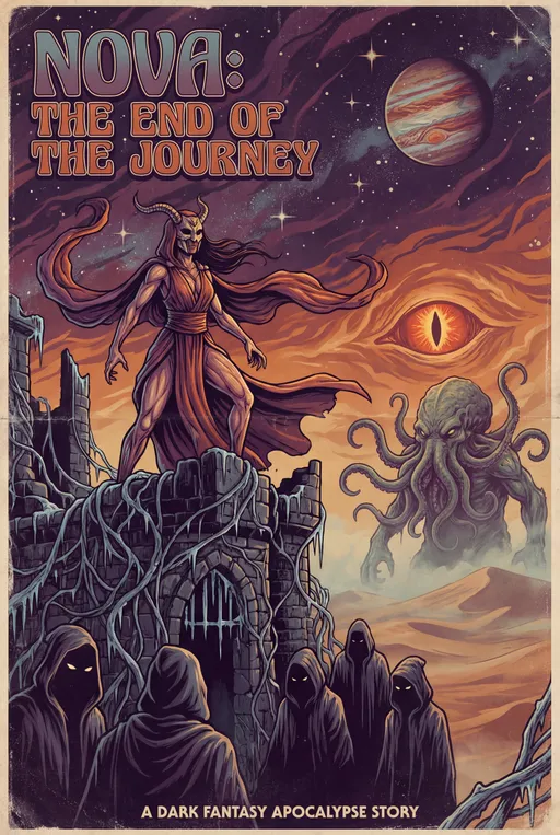 Prompt: (masterpiece) nova,dark,fantasy,lust, detailed,horror,ice,vines,flash,detailed,bodies,rage,detached,doomed,ominous,cthulhu,single character,chaotic,shadow,Jupiter,stars,distance,desert,epic,bright,Shonen Anime,cosmos,universe,goddess femboy,flamed,monsterous,eye,desert,vast,hazed,journey,layered poster,masked,grotesque, 70s style,fortress,apocalypse,acolytes,story,painting,female goddess,muscular,exotic. 