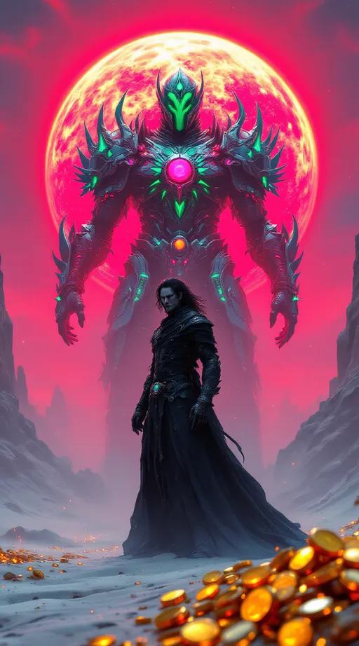 Prompt: (((Dark fantasy art, hyperdetailed, bleeding colors, beautiful))) a dark haired man with gaunt features standing in a black obsidian armor. He is in the desert, a large neon green,red,pink,silver armored goddes with a giant glowing planet is in the background with a red haze around it. White sands, dusk, embers, 3d foreground gold coins