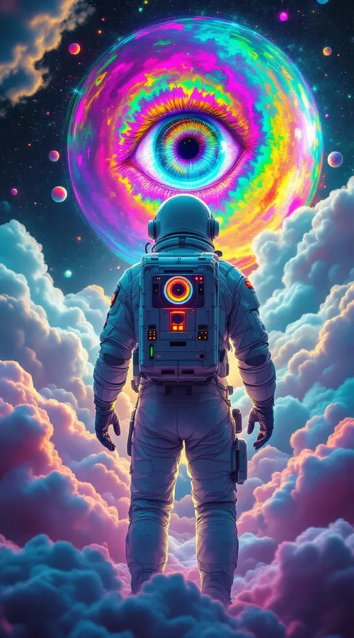 Prompt: (((Dark fantasy art, hyperdetailed, bleeding colors, beautiful))) a man in a white astronaut suit, back view. Bright 3d neon green, pink, yellow, purple, milky way, clouds, planets, large eye with Kaleidoscope  iris 