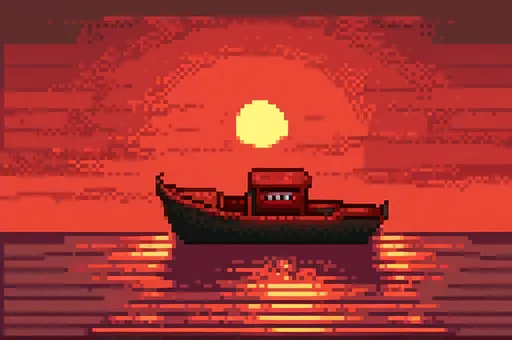 Prompt: A black boat on a red sea of blood during sunset. Masterpiece, horror atmosphere