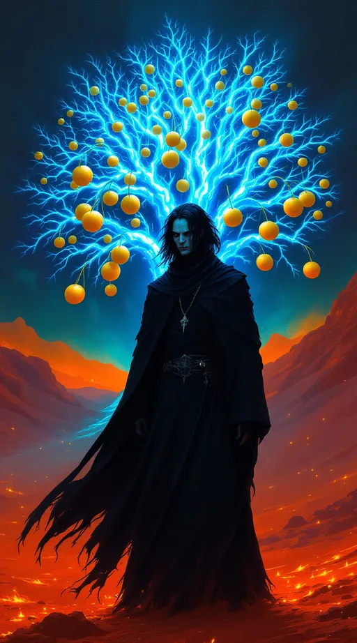 Prompt: (((Dark fantasy art, hyperdetailed, bleeding colors, beautiful))) a dark haired man with gaunt features standing in a black priest suit. He is in the desert,facing forward, a large neon orange, blue tree with a silver lining, yellow fruit is in the background with 3d effects. Red sands, dusk, embers 
