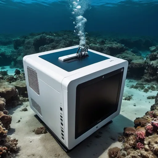 Prompt: a desktop pc  at the bottom of the ocean