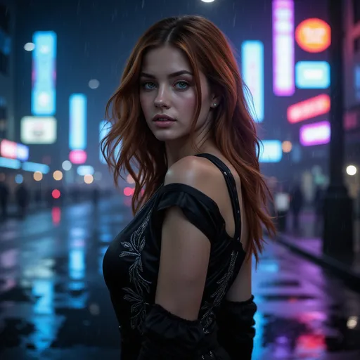 Prompt: A breathtakingly beautiful young woman with flowing, wavy auburn hair cascading down her shoulders, her emerald green eyes shimmering with mystery. She's dressed in a sleek, elegant black satin dress with subtle silver embroidery, highlighting her figure. The setting is a dimly lit, futuristic cityscape with glowing neon lights in blue and purple hues reflecting off a rain-soaked street. Her confident yet enigmatic expression adds allure, and her surroundings amplify her captivating presence. The atmosphere feels cinematic and otherworldly.