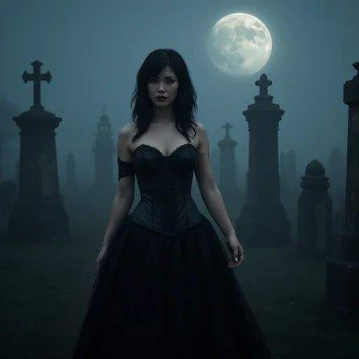 Prompt: A striking woman with jet-black hair and crimson lips, dressed in a corset-style black gown, walking through a misty, moonlit graveyard.