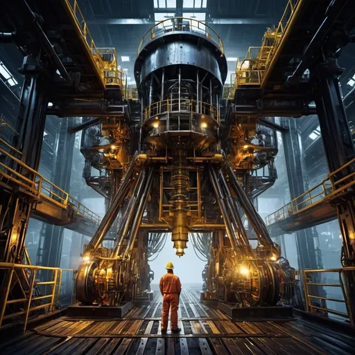 Prompt: Futuristic-biomechanical oil drilling platform, man working, industrial metal, mechanical details, high-tech machinery, intense and focused work, dramatic lighting, highres, ultra-detailed, futuristic, biomechanical, industrial, dramatic lighting, mechanical details, intense work
