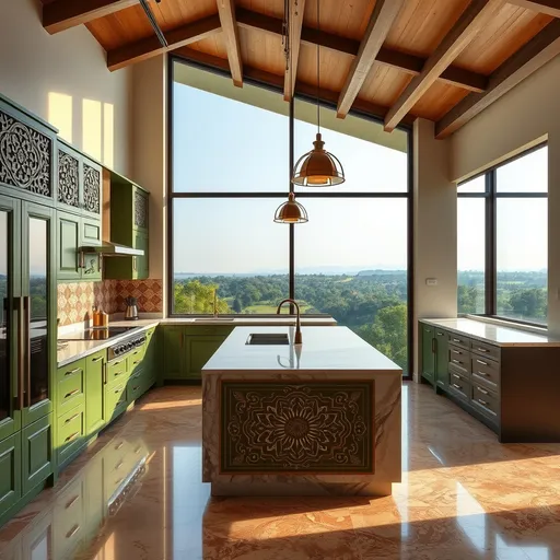 Prompt: Design a spacious kitchen that seamlessly integrates Indian architectural elements with a modern aesthetic. The kitchen should feature a large window or glass wall offering a stunning view of lush green landscapes typical of the Indian countryside, with hues of green, gold, and earthy browns forming the color palette of the interior. Incorporate traditional Indian jaali patterns in the cabinet designs and a modern marble island counter with intricate inlay work inspired by Mughal architecture. The flooring should be a mix of polished terrazzo with subtle patterns, and the ceiling should feature wooden beams that add warmth to the space. The kitchen should have a blend of natural light, complemented by pendant lights with brass and copper finishes. The overall design should create a harmonious fusion of rich Indian heritage with sleek, contemporary lines, ensuring the color palette mirrors the vibrant yet earthy tones seen in the view outside.