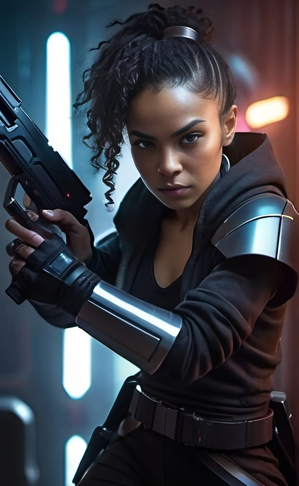 Prompt: Mixed-race dark-Jedi wielding blaster, sci-fi, action-packed, intense lighting, highres, detailed outfit and blaster, futuristic setting, dramatic pose, cool tones, cyberpunk, futuristic