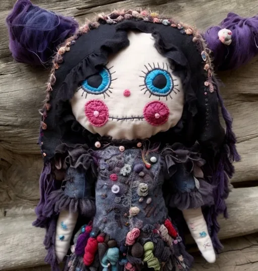 Prompt: Living stuffed fabric doll, soft fabric texture, dirty, stitching details, whimsical fantasy, high quality, detailed embroidery, vibrant colors, magical lighting, dark colors, dark lighting, dark background, painterly art style