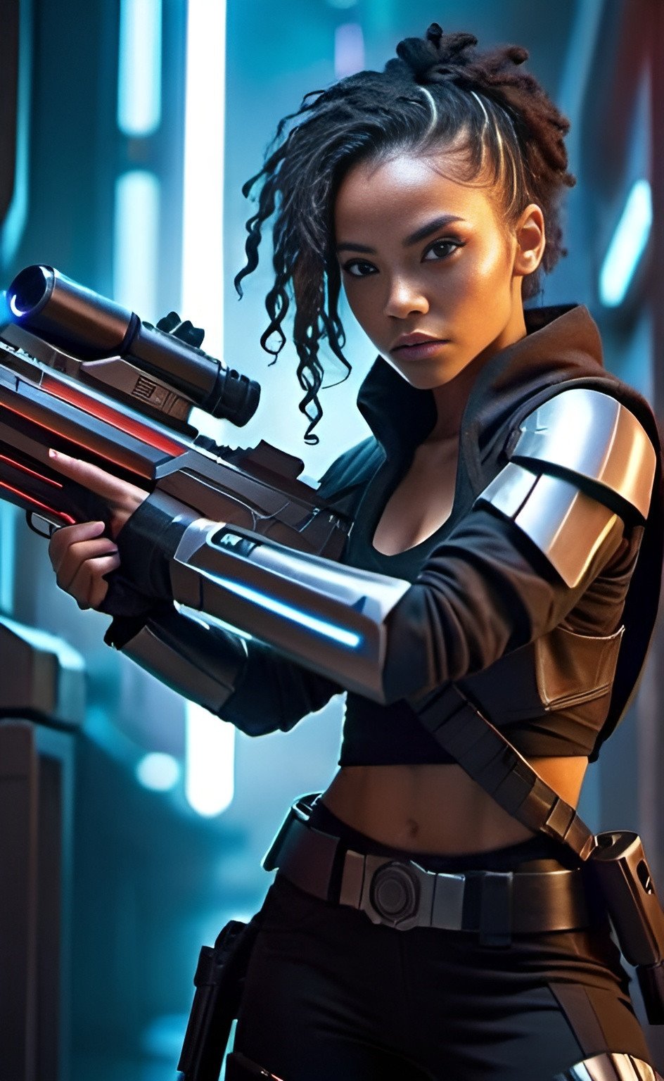 Prompt: Mixed-race dark-Jedi wielding blaster rifle, sci-fi, action-packed, intense lighting, highres, detailed outfit and blaster, futuristic setting, dramatic pose, cool tones, cyberpunk, futuristic