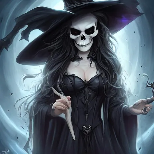 Prompt: Attractive Witch holding a skull 