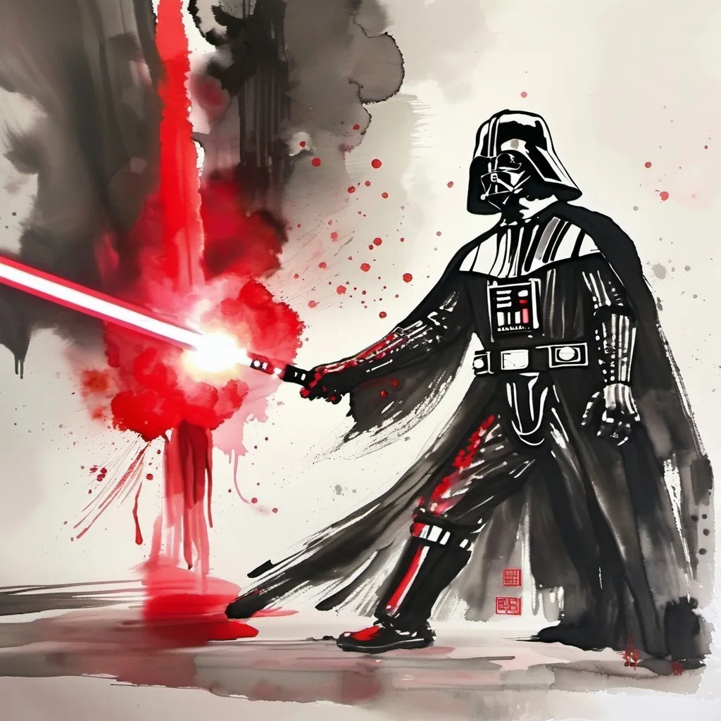 Prompt: Darth Vader holding a red bladed light saber