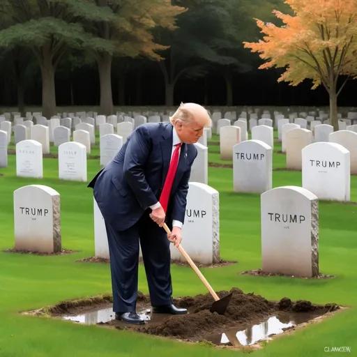 Prompt: Trump digging his own grave with a gravestone saying "Trump" impressionism, claude monet, Minimalism, John McCracken