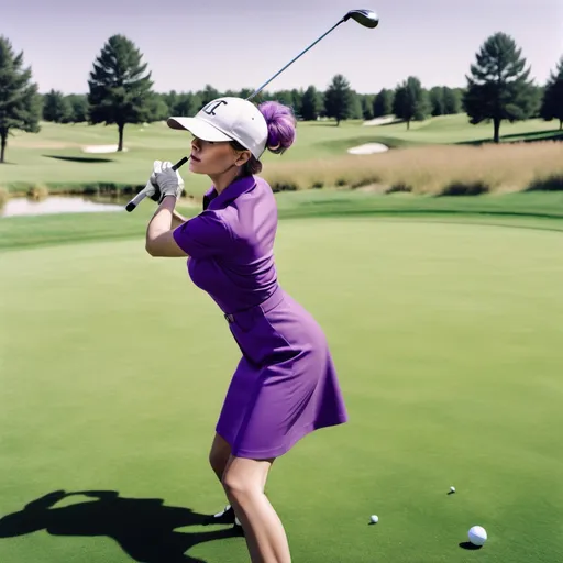 Prompt: a woman in a purple outfit throwing a ball in a field of grass with a golf club in the background, Alison Geissler, superflat, purple, a colorized photo