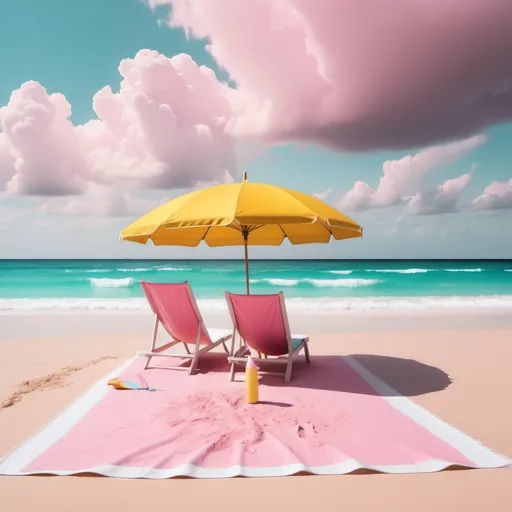 Prompt: a fantasy beach with pink sand, white-yellow sky and turquiuse water, a beachtowel and a umbrella on the beach