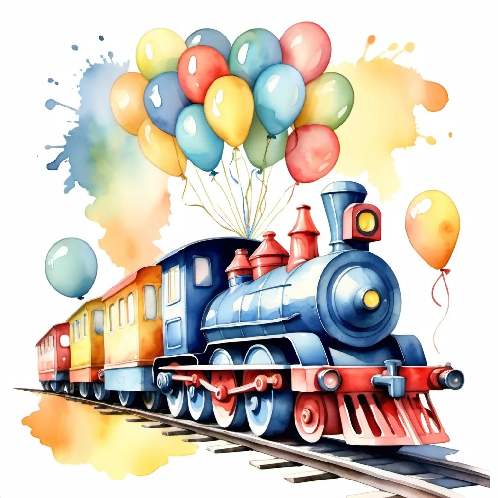 Prompt: funny birthday party train with rails. In watercolour style. Dont use black