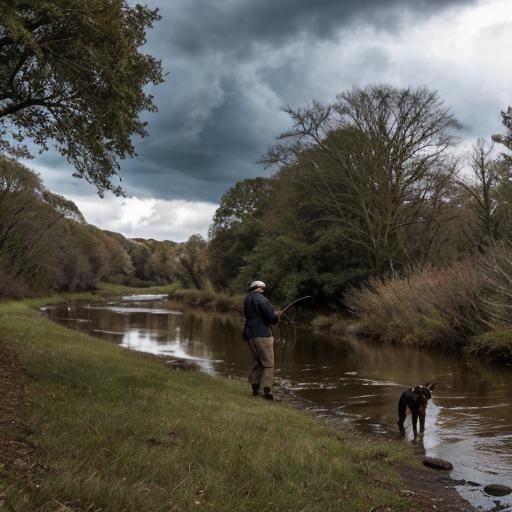 Prompt: man fishing next to stream  with dog by his side and stormy sky and one large tree on stream bank