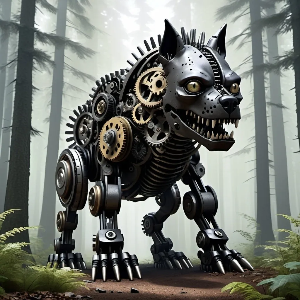 Prompt: hyper-realistic (View is in a Forest.)  a small, dog-like monster made of dark metal and gears. The creature should have a side with a large clock face, signifying a connection to time. The overall look should be both mechanical and slightly menacing.
