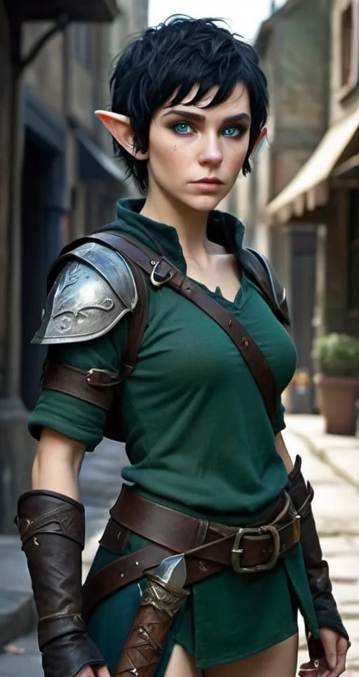Prompt: hyper-realistic very young female elf with black hair cut into a pixie cut. intense blue eyes. she’s short and fit. she’s wearing a dark green fantasy adventurer outfit that is well worn. full body view. view is in a fantasy street. Messy hair. dirty face. low quality clothes. Sword in a scabbard on her hip. 