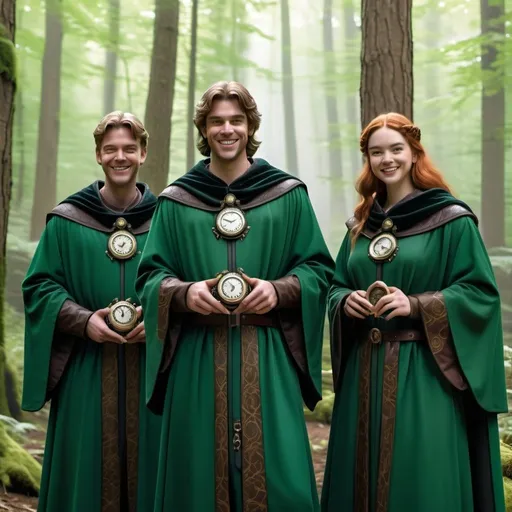 Prompt: hyper-realistic (View is in a Forest Camp.) a group of three humans in fantasy medieval scholars robes. They have wide smiles. There are (small mechanical clocks) affixed to their chests. The clocks are glowing a sickly green. Sinister.
