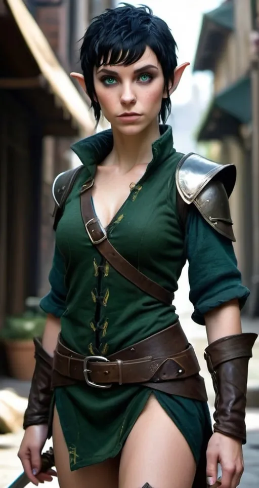 Prompt: hyper-realistic very young female elf with black hair cut into a pixie cut. intense blue eyes. she’s short and fit. she’s wearing a dark green fantasy adventurer outfit that is well worn. full body view. view is in a fantasy street. Messy hair. dirty face. low quality clothes. Sword in a scabbard on her hip. Huge cleavage 