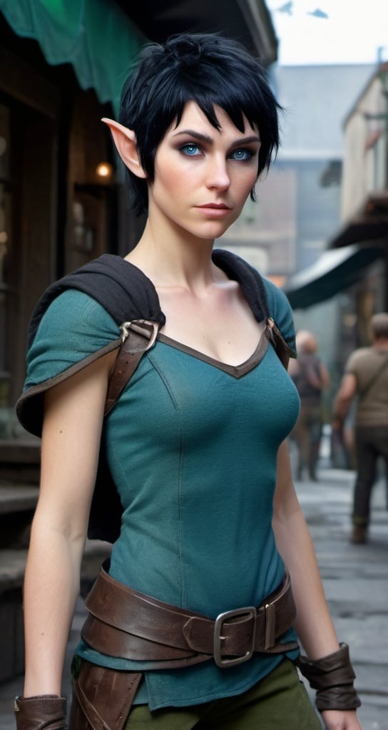 Prompt: hyper-realistic young female elf with black hair cut into a pixie cut. intense blue eyes. she’s short and fit. she’s wearing a fantasy adventurer ranger outfit that is well worn. full body view. view is in a fantasy street. Messy hair. dirty face. low quality clothes. Thin blade on her hip.