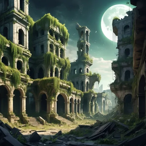 Prompt: Ruins of a large city, abandoned long ago, vegetation on many buildings, blend of fantasy and modern architecture, business district, crumbling buildings, street view, dim lighting, view is after dark, (crescent moon), small moon