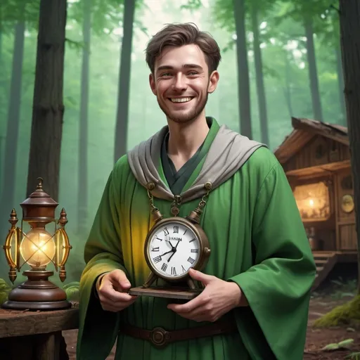 Prompt: hyper-realistic (View is in a Forest Camp.) an average man in scholar’s robes. He has a smile that is too wide. There is a mechanical clock stuck to his chest. The clock is glowing a sickly green. 
