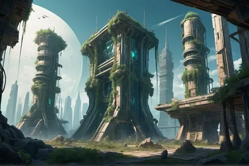 Prompt: blending elements from futuristic cities, ancient ruins, and mystical landscapes. The image could feature remnants of advanced technology alongside mystical artifacts, with overgrown vegetation and magical anomalies weaving through the decaying infrastructure. This juxtaposition of technology and magic can create a visually compelling setting for your game. I recommend visualizing towering skyscrapers overtaken by nature, arcane symbols etched into high-tech structures, and otherworldly energy intertwining with futuristic machinery. This blend of science and magic can evoke a sense of wonder and mystery, providing an immersive environment for your players to explore.