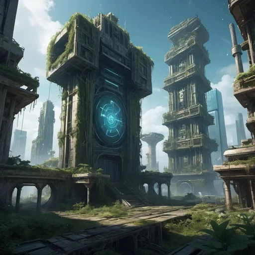 Prompt: blending elements from futuristic cities, ancient ruins, and mystical landscapes. The image could feature remnants of advanced technology alongside mystical artifacts, with overgrown vegetation and magical anomalies weaving through the decaying infrastructure. This juxtaposition of technology and magic can create a visually compelling setting for your game. I recommend visualizing towering skyscrapers overtaken by nature, arcane symbols etched into high-tech structures, and otherworldly energy intertwining with futuristic machinery. This blend of science and magic can evoke a sense of wonder and mystery, providing an immersive environment for your players to explore.