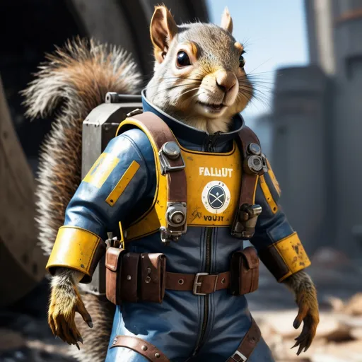 Prompt: Professional photorealistic image of a post-apocalyptic squirrel wearing makeshift armor and clothing over a Vault-Tec vault suit from Fallout.