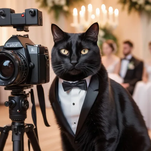 Prompt: Photorealistic professional photograph. A black cat wearing a tuxedo is operating a camera while at a wedding. The lone black cat films and photographs the human bride and human groom during their wedding ceremony. Nostalgic, romantic, atmospheric, vibrant lighting, professional 8k.