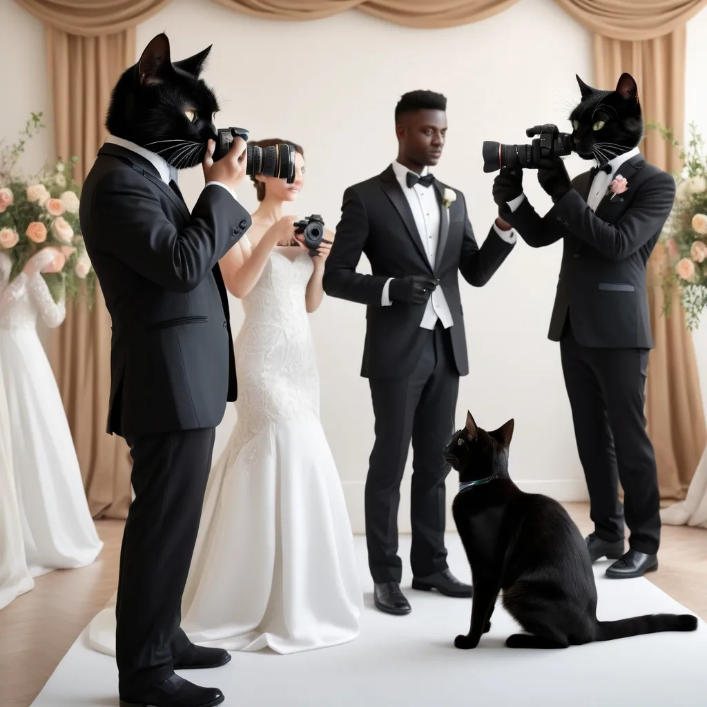 Prompt: A professional photorealistic image of a black cat photographer. The black cat photographer is wearing a detailed tuxedo. The black cat photographer is taking pictures of a human bride and human groom at a wedding ceremony.