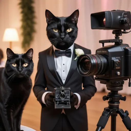 Prompt: Photorealistic professional photograph. A black cat wearing a tuxedo is operating a camera while at a wedding. The lone black cat films and photographs the human bride and human groom during their wedding ceremony. Nostalgic, romantic, atmospheric, vibrant lighting, professional 8k.