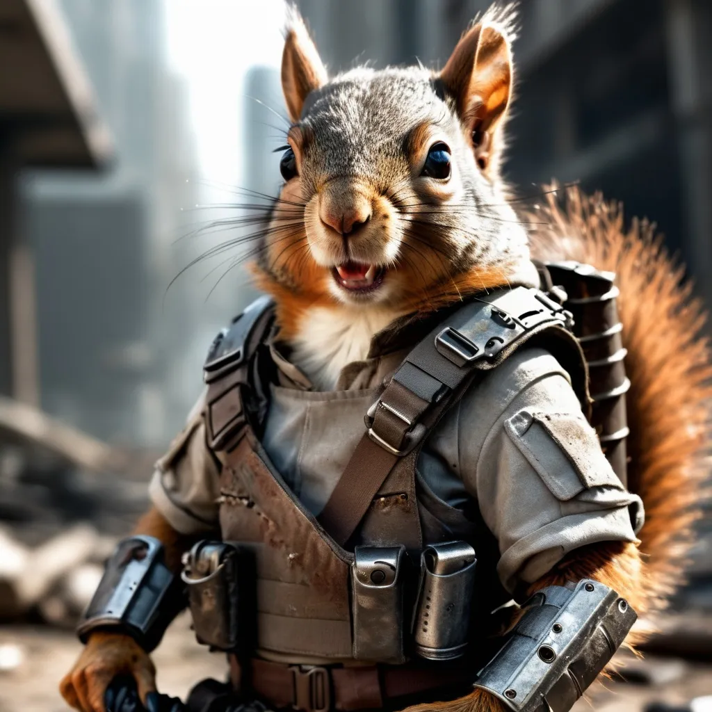 Prompt: Professional photorealistic image of a post-apocalyptic squirrel wearing makeshift armor and clothing as it grips a weapon