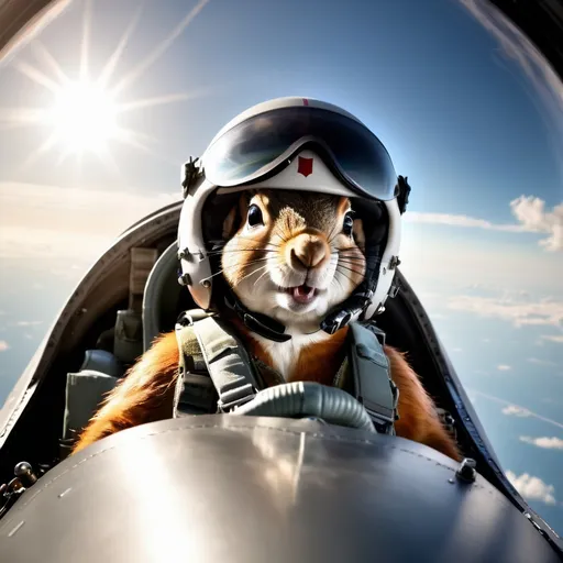 Prompt: A photorealistic professional photo of a squirrel combat fighter pilot in the cockpit of a modern fighter jet. Helmet on, visor up, oxygen mask dangling. Sunny, atmospheric light, sun peaking from behind a cloud.