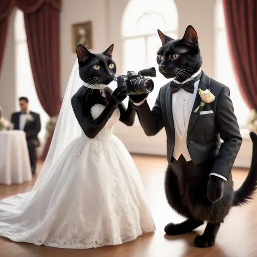 Prompt: A professional photorealistic image of a black cat photographer. The black cat photographer is wearing a detailed tuxedo. The black cat photographer is taking pictures of a human bride and human groom at a wedding ceremony.