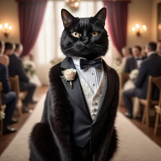 Prompt: Professional 8k photorealistic photograph of a black cat in a tuxedo, capturing a wedding with camera, nostalgic atmosphere, vibrant lighting, romantic, detailed fur with realistic texture, focused gaze, elegant tuxedo design, high-quality photography, atmospheric lighting, nostalgic, realistic fur, wedding ceremony, human bride, human groom, professional photography, vibrant lighting, romantic atmosphere