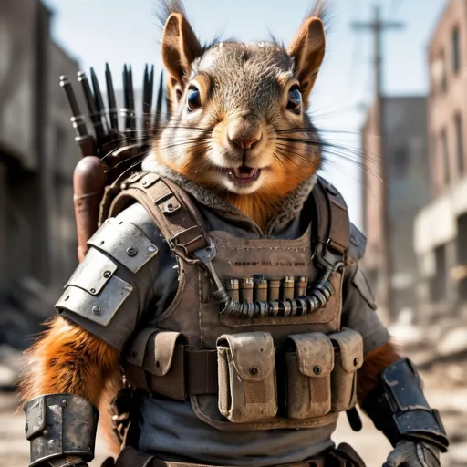 Prompt: Professional photorealistic image of a post-apocalyptic squirrel wearing makeshift armor and clothing as it grips a weapon