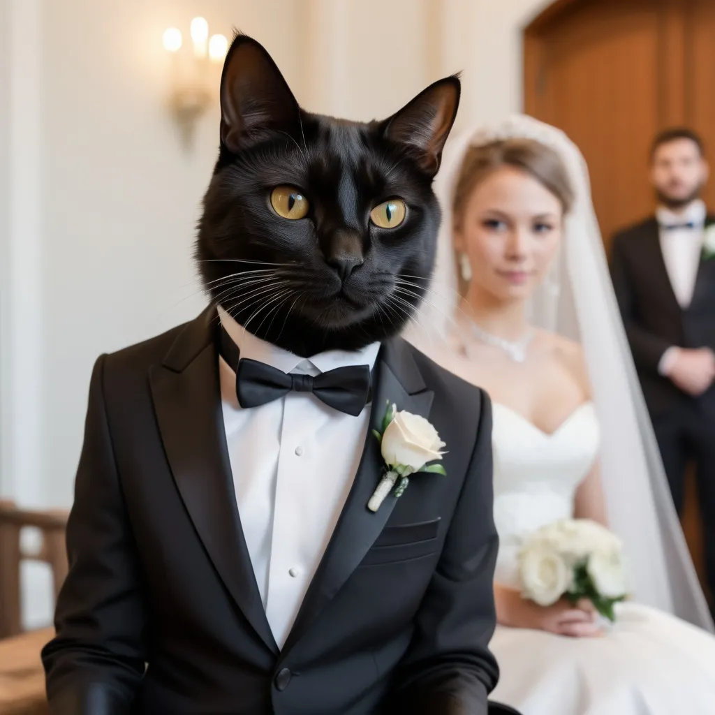 Prompt: A professional photo of a black cat in a tuxedo as it films a human bride and human groom getting married at a wedding ceremony