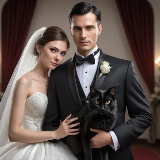 Prompt: professional photorealistic image, black cat photographer, detailed tuxedo, photographing a human bride and human groom, wedding ceremony, high quality, photorealistic, detailed tuxedo, wedding photography, elegant, black fur, focused expression, detailed eyes, professional, romantic lighting, skilled, highres, wedding, detailed fur, detailed dress, detailed suit, photorealism