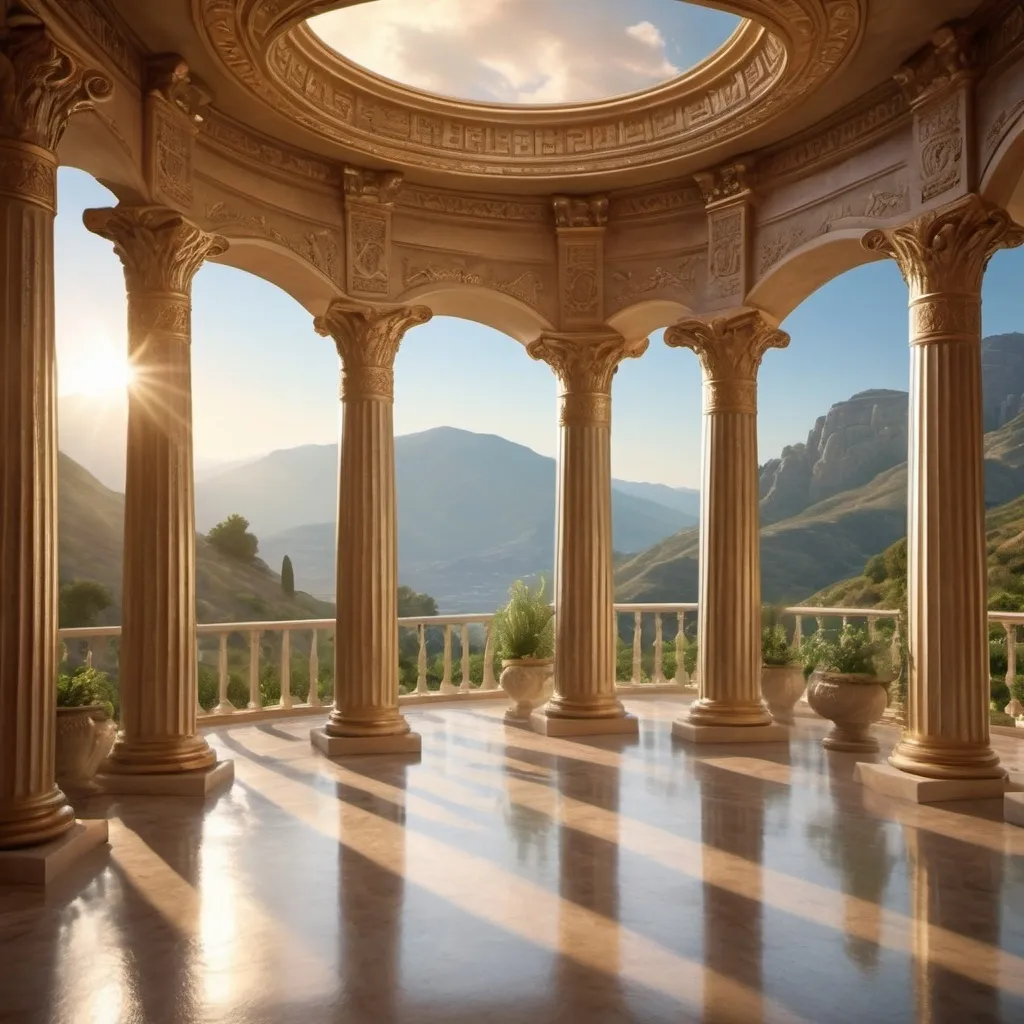 Prompt: a greek mythology room grandiose with columns and a view of a valley and mountains through the columns