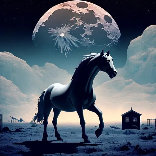 Prompt: A moon growing from a horse a town on the moon