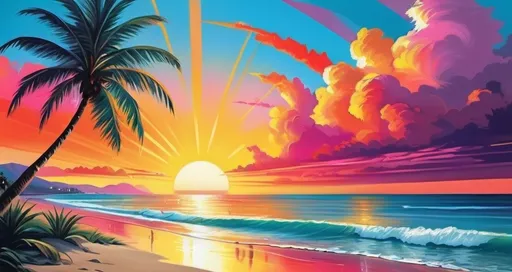 Prompt:  a beach, vibrant colours, sun on the horizon, promotional, with palm trees, image, a poster